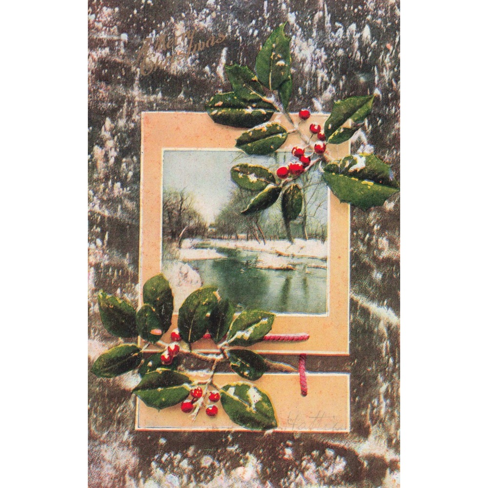 Vintage Christmas Postcard Winter River Landscape Holly Berries Divided Back - Picture 1 of 2